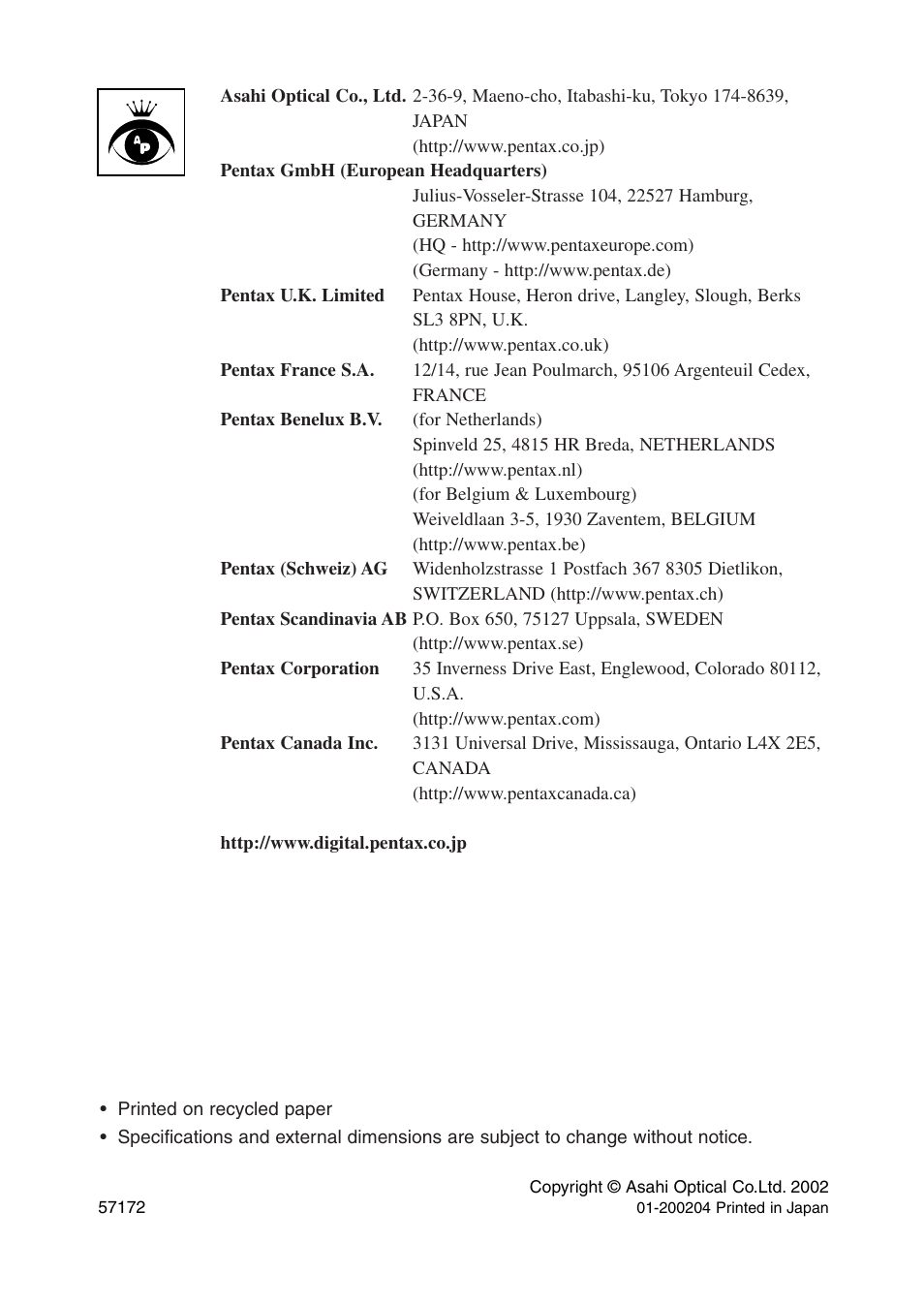 Pentax Optio 230 User Manual | Page 124 / 124
