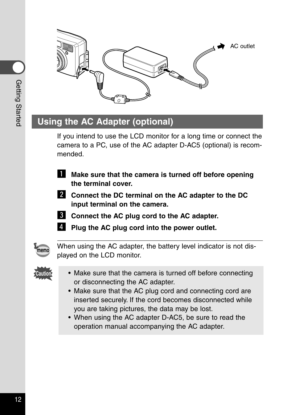 Using the ac adapter (optional) | Pentax Optio 230 User Manual | Page 14 / 124