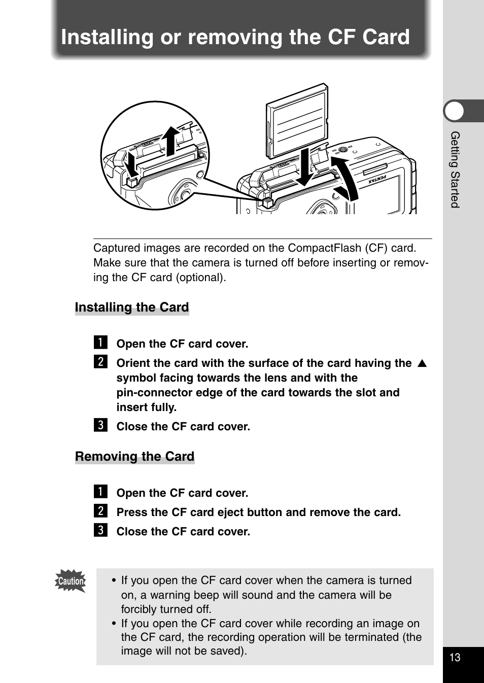 Installing or removing the cf card | Pentax Optio 230 User Manual | Page 15 / 124