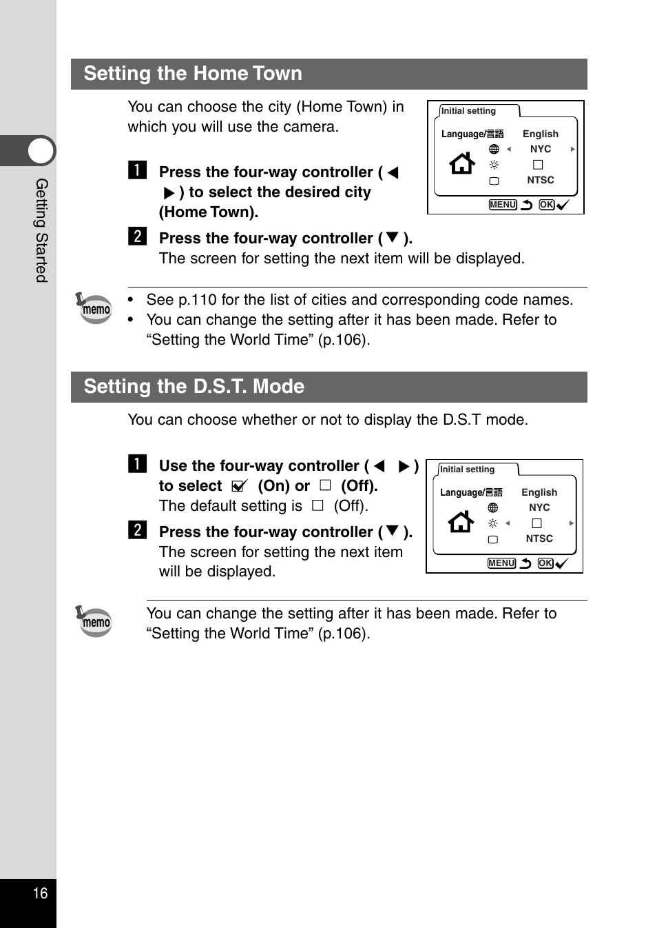 Setting the home town, Setting the d.s.t. mode | Pentax Optio 230 User Manual | Page 18 / 124