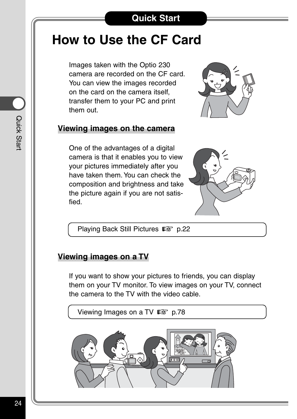 How to use the cf card, Quick start | Pentax Optio 230 User Manual | Page 26 / 124