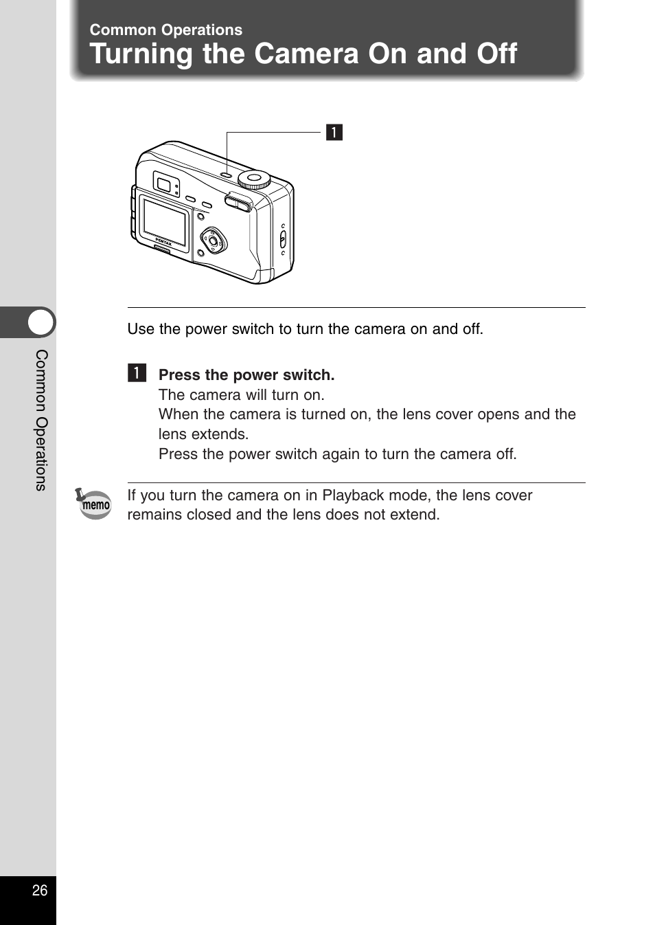 Common operations, Turning the camera on and off | Pentax Optio 230 User Manual | Page 28 / 124