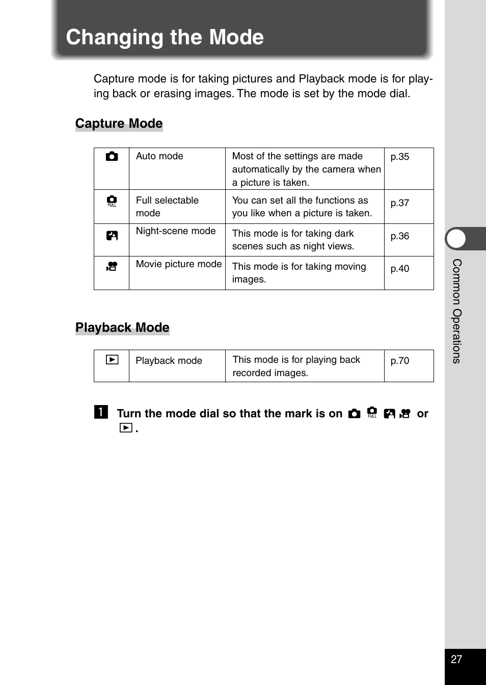 Changing the mode, Capture mode, Playback mode | Pentax Optio 230 User Manual | Page 29 / 124