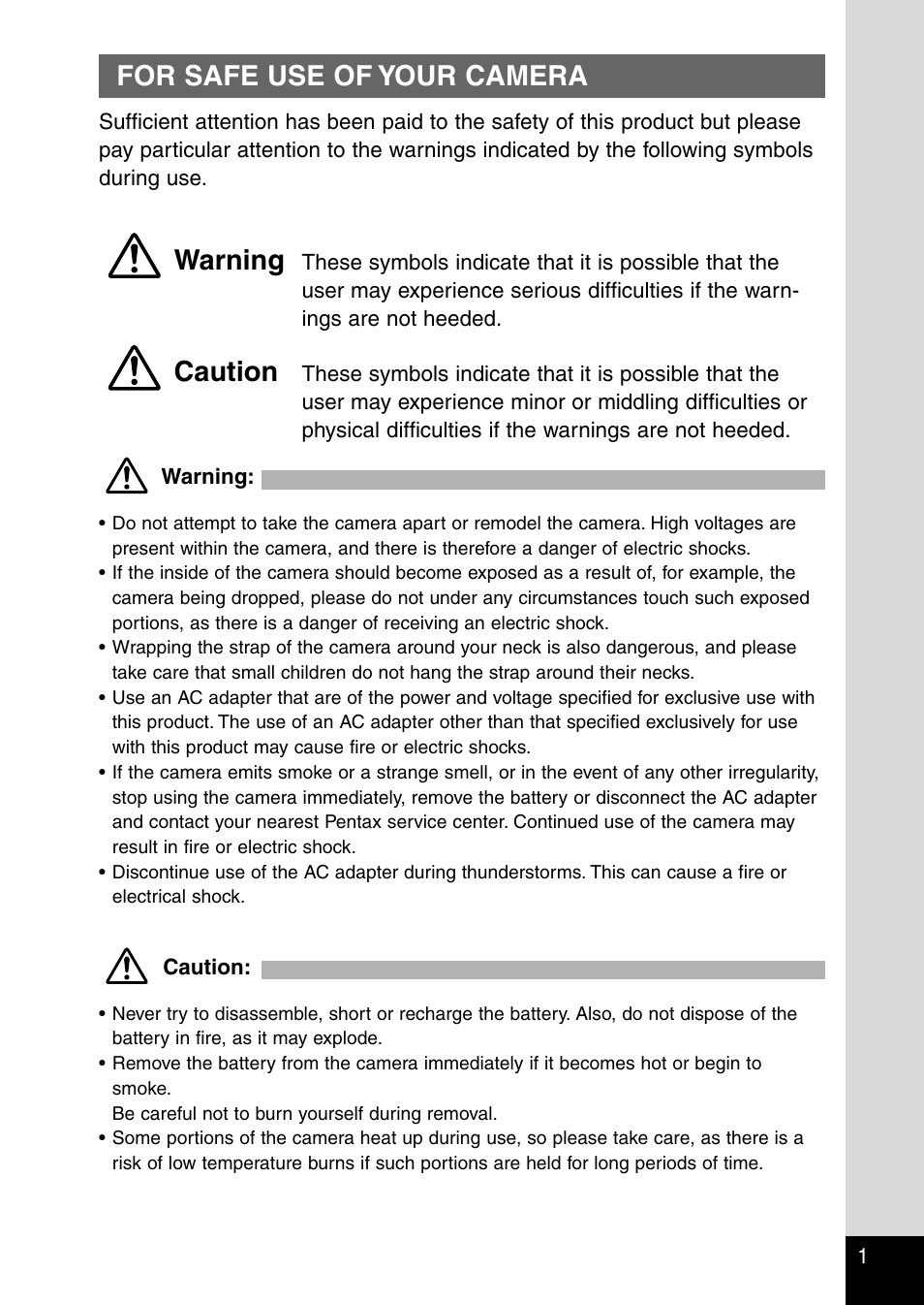 For safe use of your camera, Warning, Caution | Pentax Optio 230 User Manual | Page 3 / 124