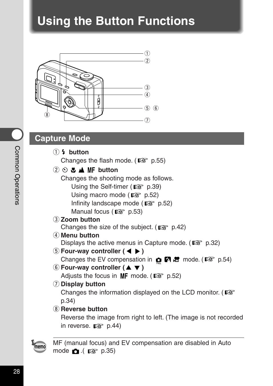 Using the button functions, Capture mode | Pentax Optio 230 User Manual | Page 30 / 124