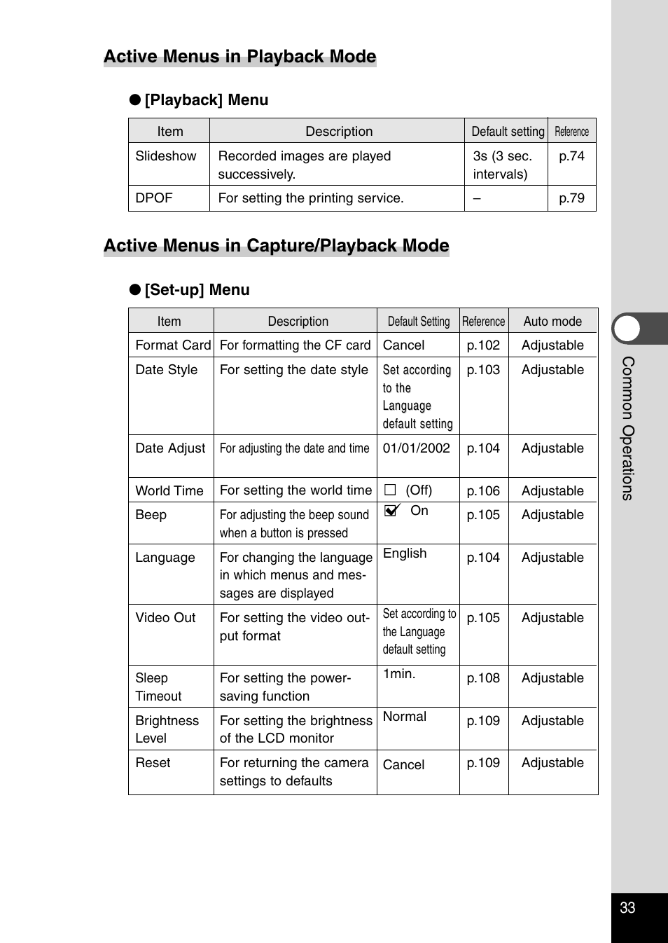 Active menus in playback mode, Active menus in capture/playback mode | Pentax Optio 230 User Manual | Page 35 / 124