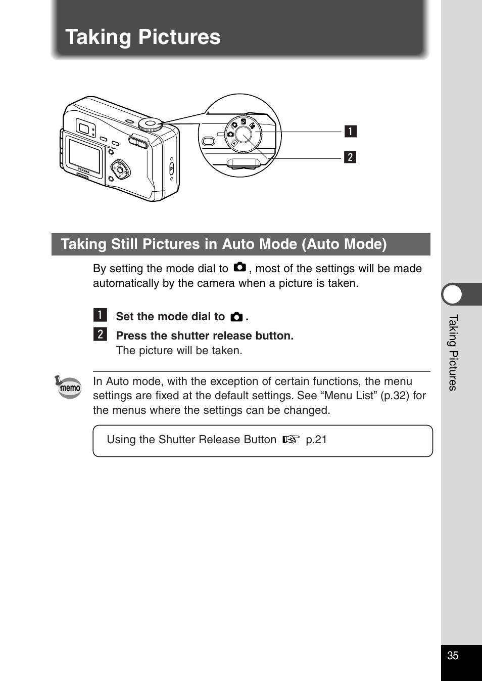 Taking pictures, Taking still pictures in auto mode (auto mode) | Pentax Optio 230 User Manual | Page 37 / 124