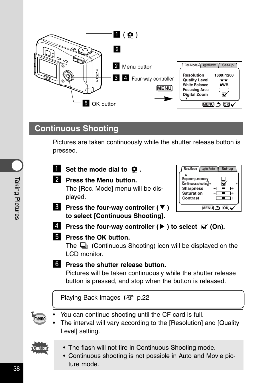 Continuous shooting, Nz ( ) | Pentax Optio 230 User Manual | Page 40 / 124