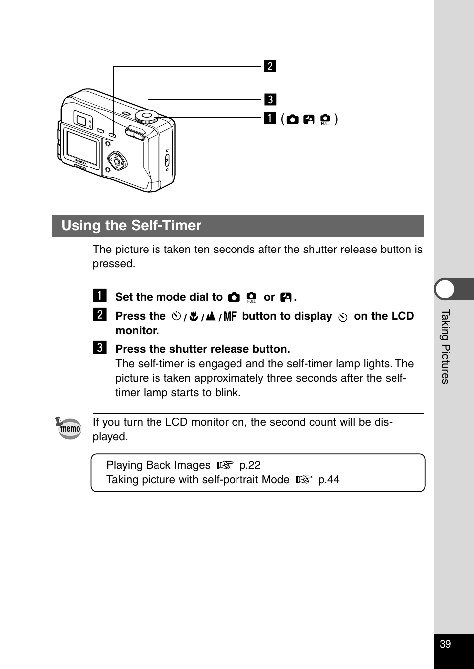 Using the self-timer | Pentax Optio 230 User Manual | Page 41 / 124
