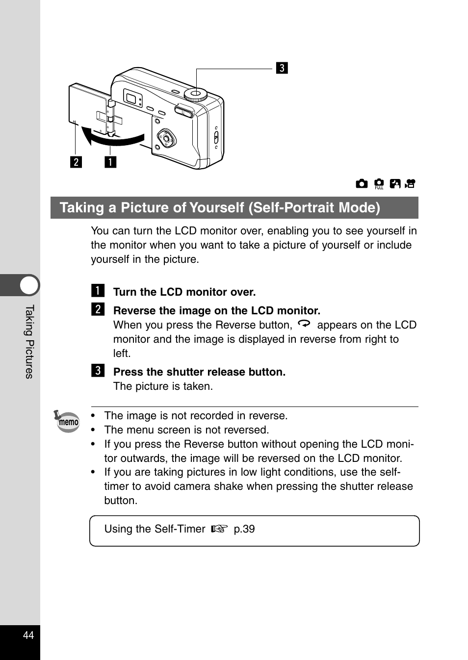 Taking a picture of yourself (self-portrait mode) | Pentax Optio 230 User Manual | Page 46 / 124