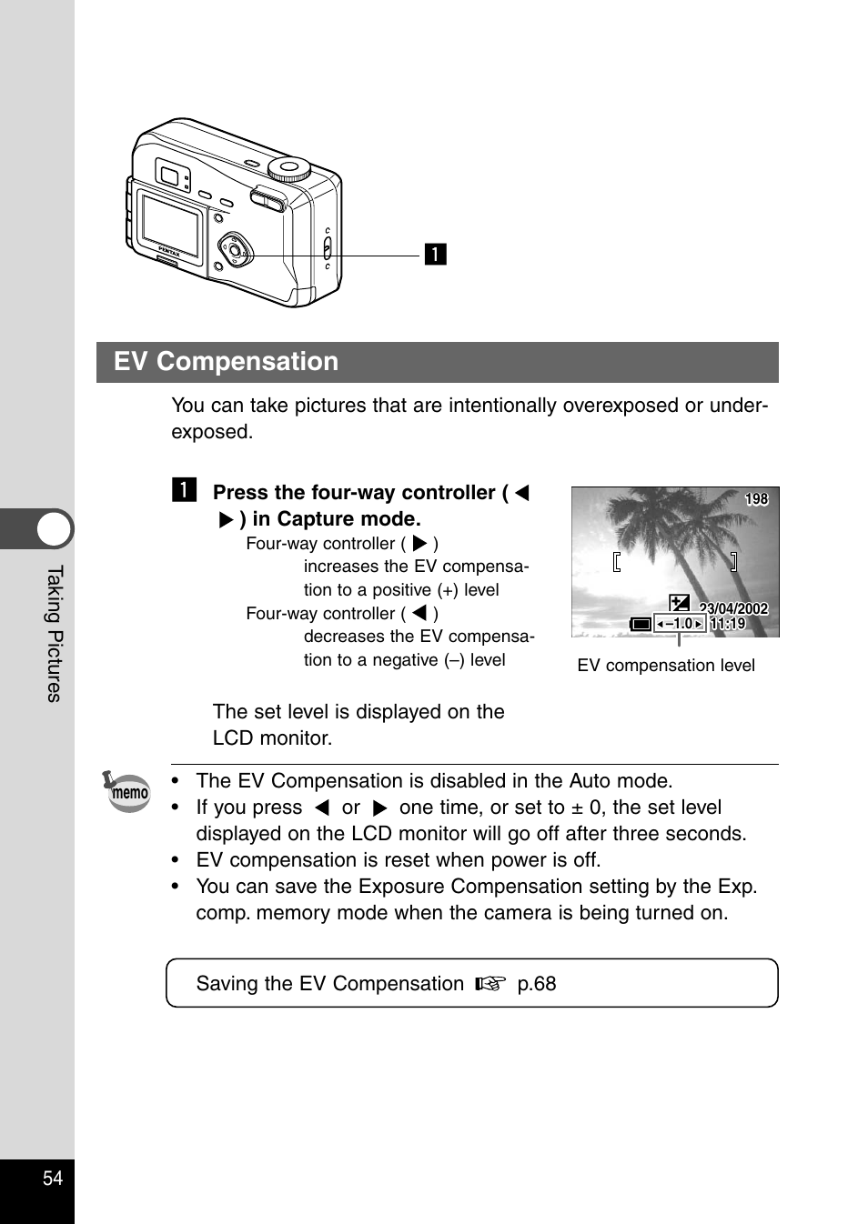 Ev compensation | Pentax Optio 230 User Manual | Page 56 / 124