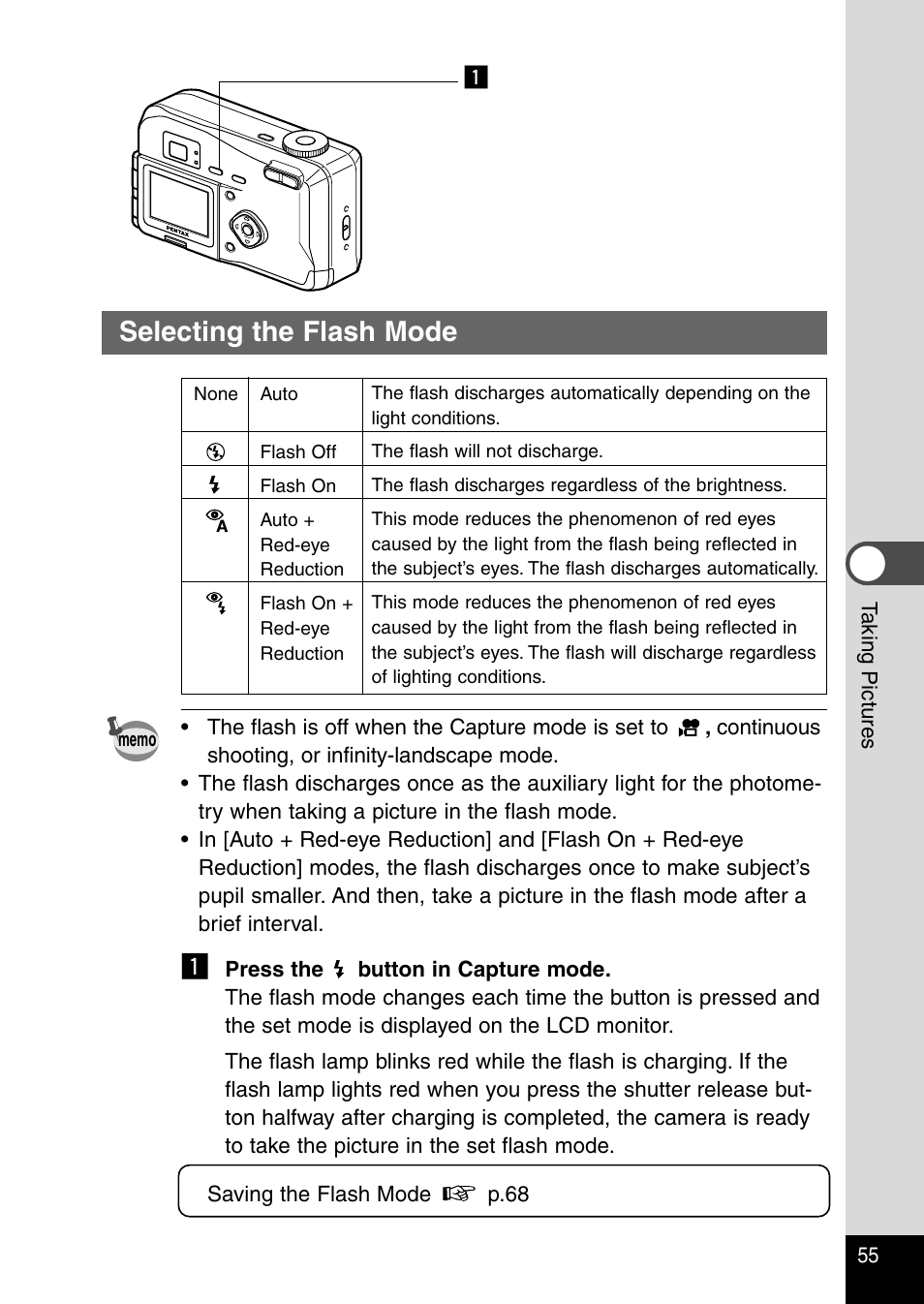 Selecting the flash mode | Pentax Optio 230 User Manual | Page 57 / 124