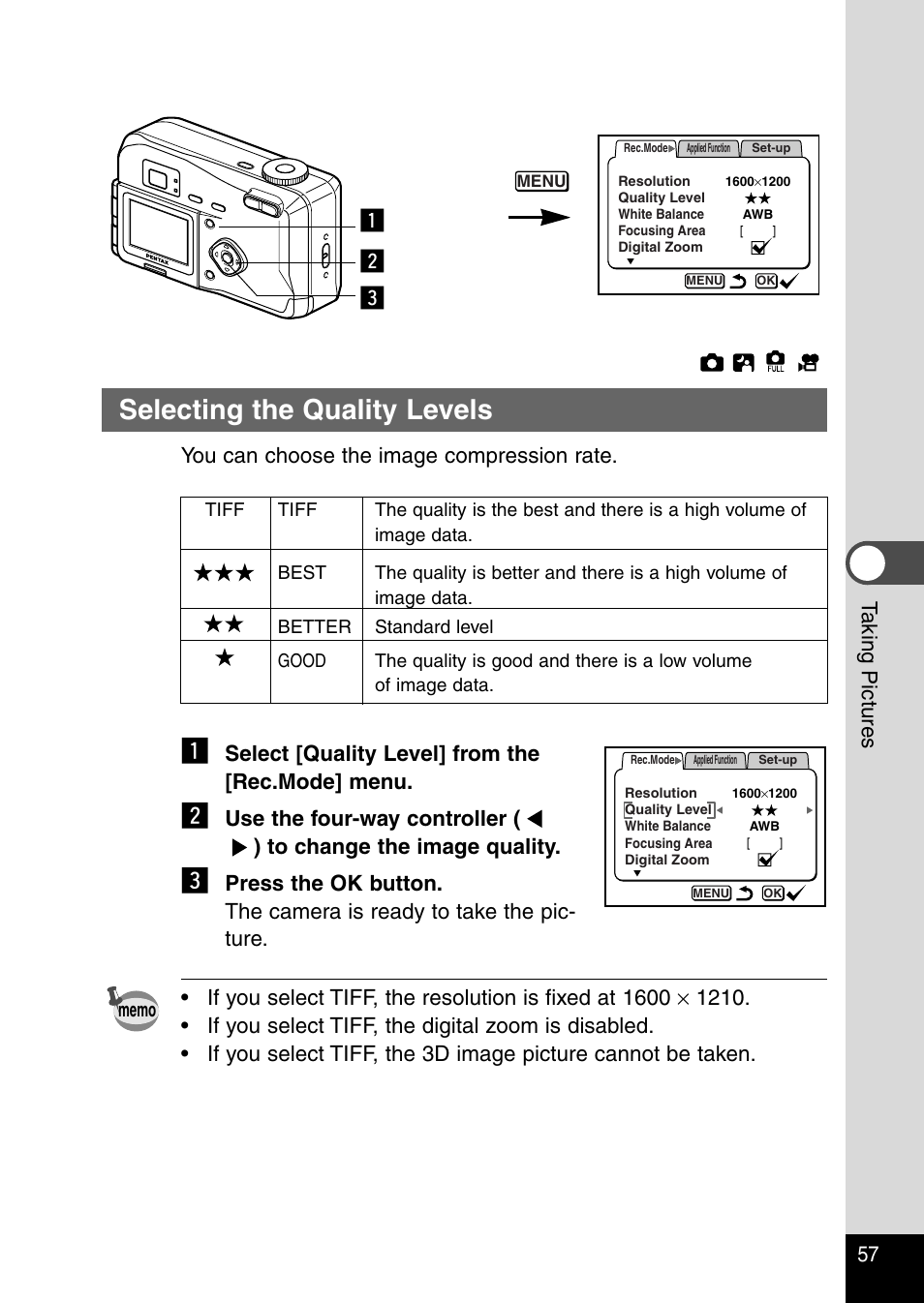 Selecting the quality levels, Zc x | Pentax Optio 230 User Manual | Page 59 / 124