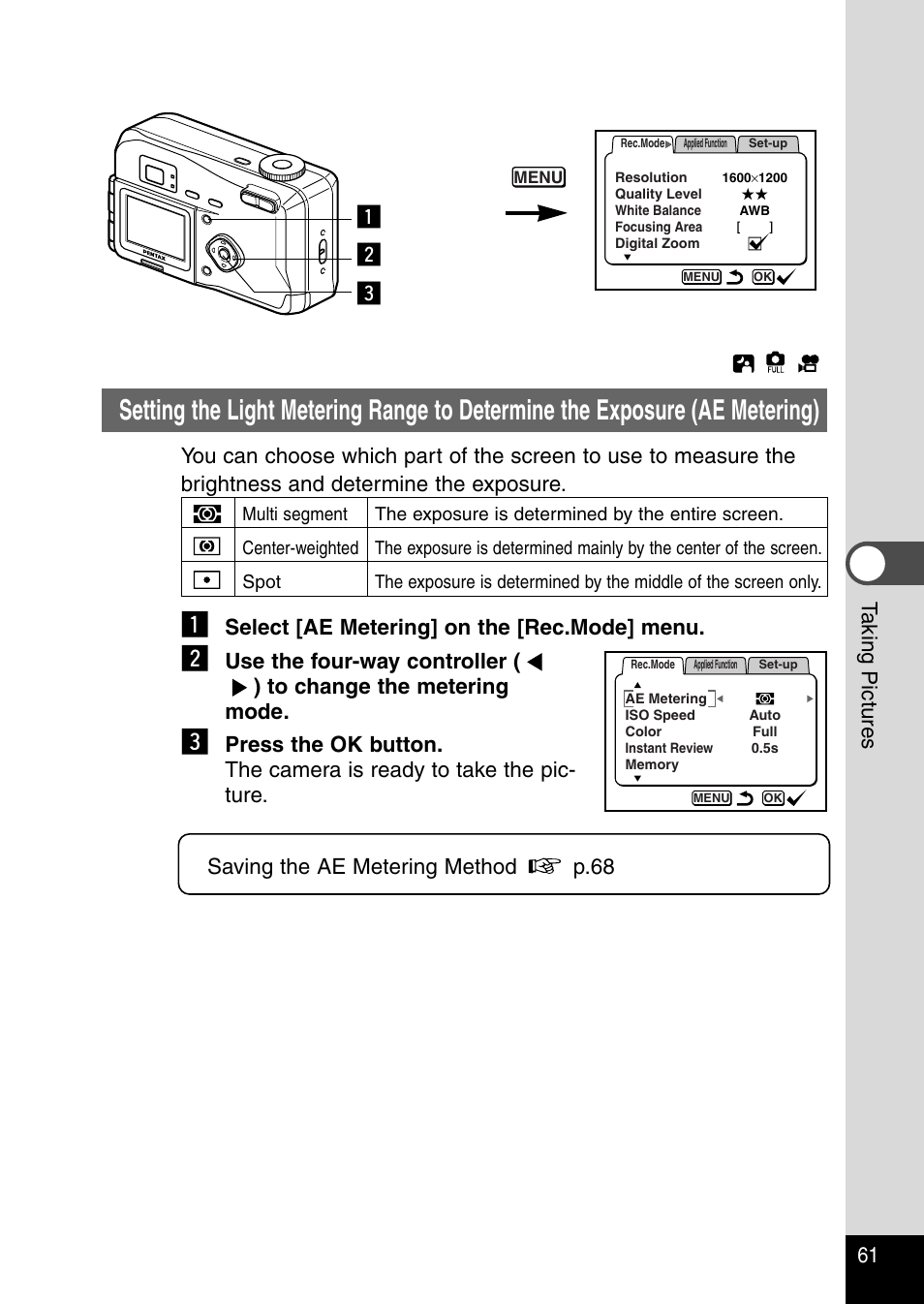 Zc x, 61 t aking pictures, Select [ae metering] on the [rec.mode] menu | Pentax Optio 230 User Manual | Page 63 / 124