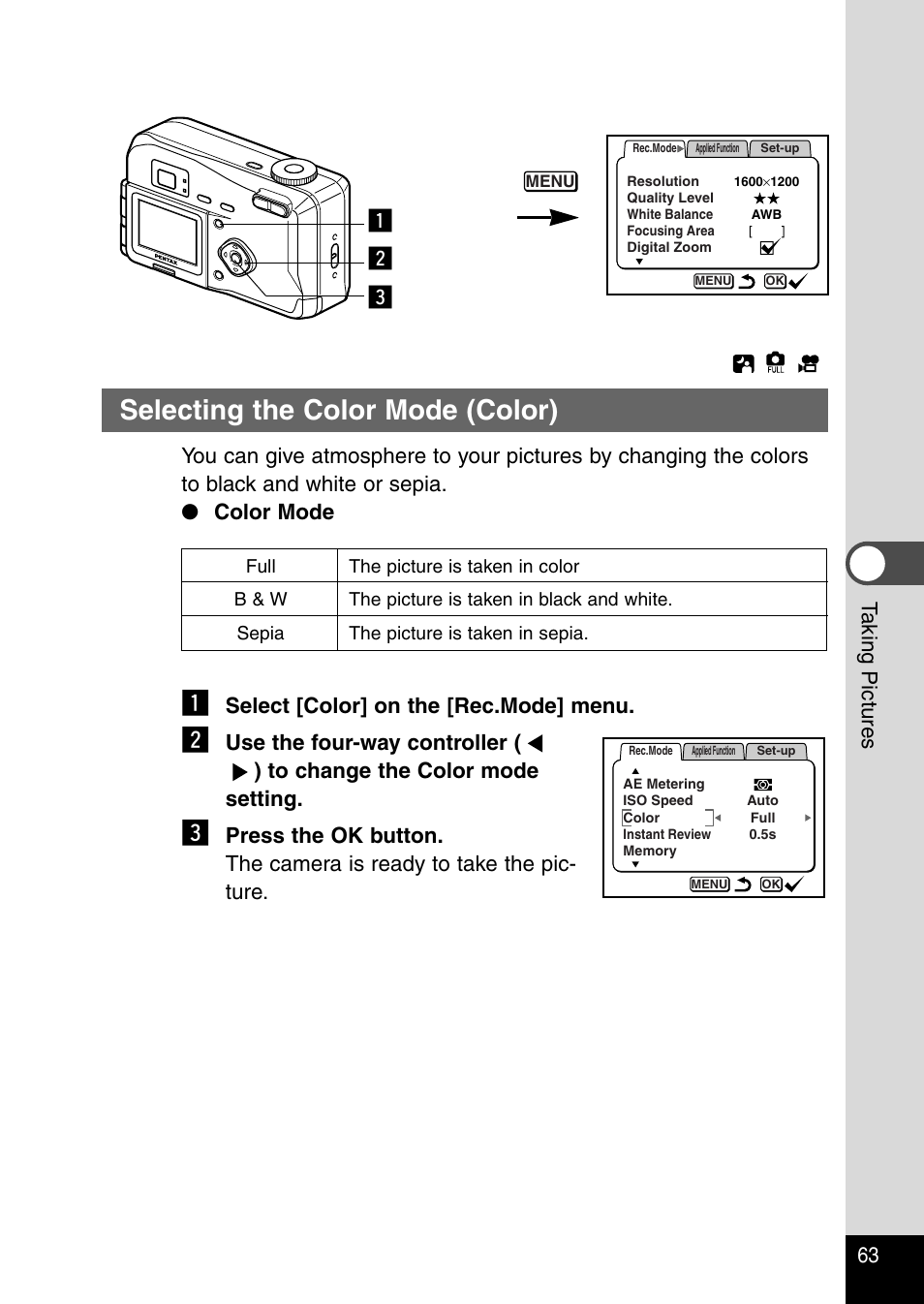 Selecting the color mode (color), Zc x, 63 t aking pictures | Select [color] on the [rec.mode] menu | Pentax Optio 230 User Manual | Page 65 / 124