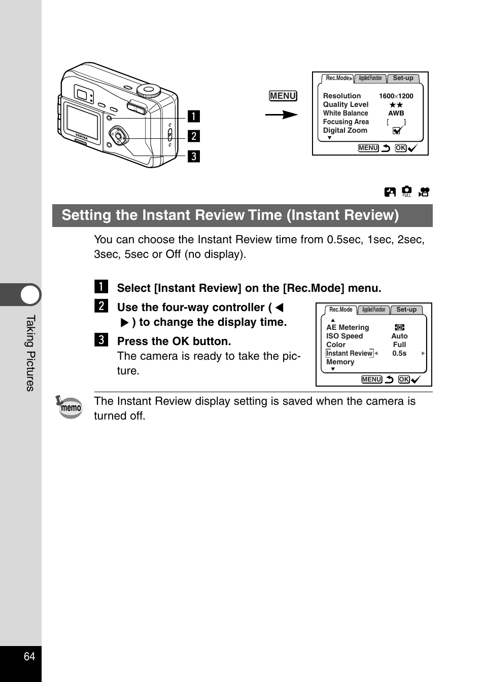 Setting the instant review time (instant review), Zc x, 64 t aking pictures | Select [instant review] on the [rec.mode] menu | Pentax Optio 230 User Manual | Page 66 / 124