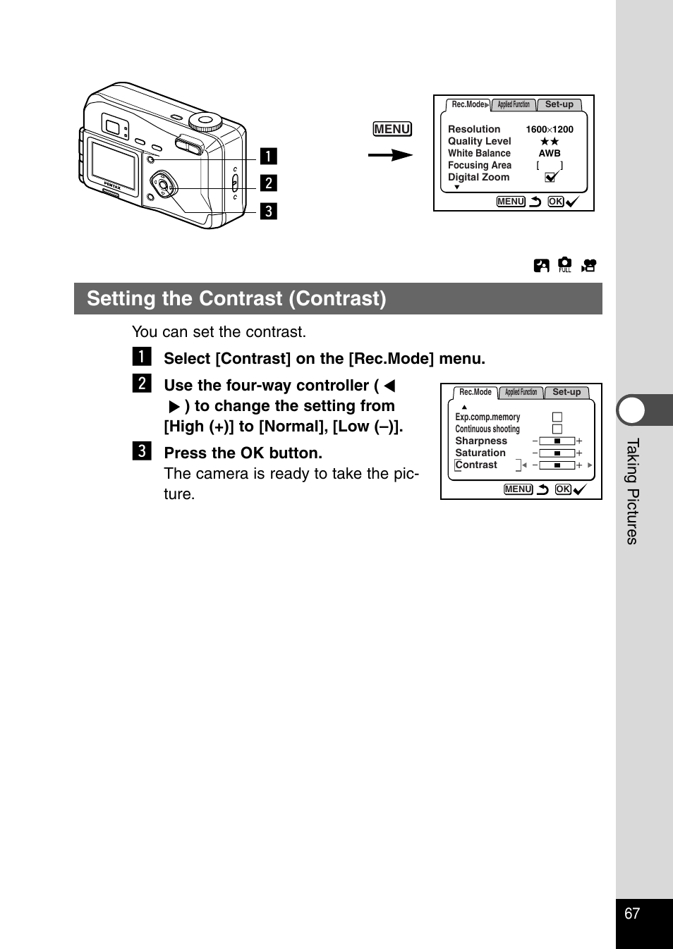 Setting the contrast (contrast), Zc x | Pentax Optio 230 User Manual | Page 69 / 124