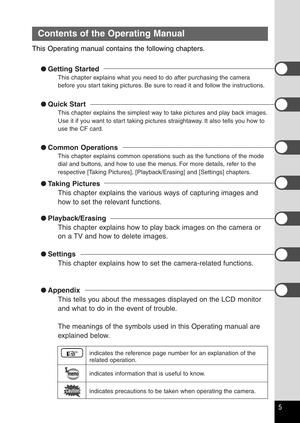 Contents of the operating manual | Pentax Optio 230 User Manual | Page 7 / 124