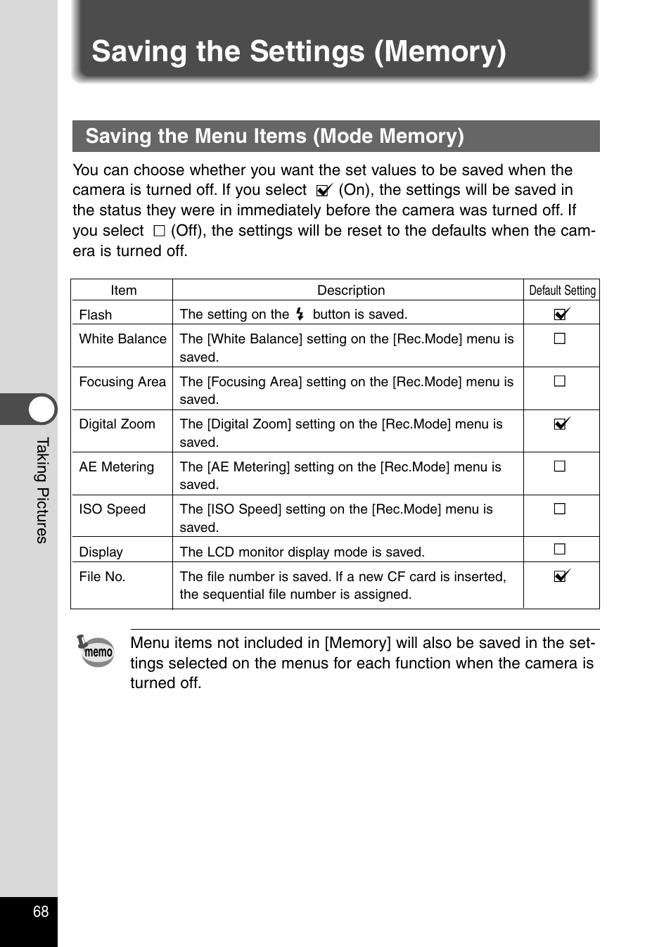 Saving the settings (memory), Saving the menu items (mode memory) | Pentax Optio 230 User Manual | Page 70 / 124