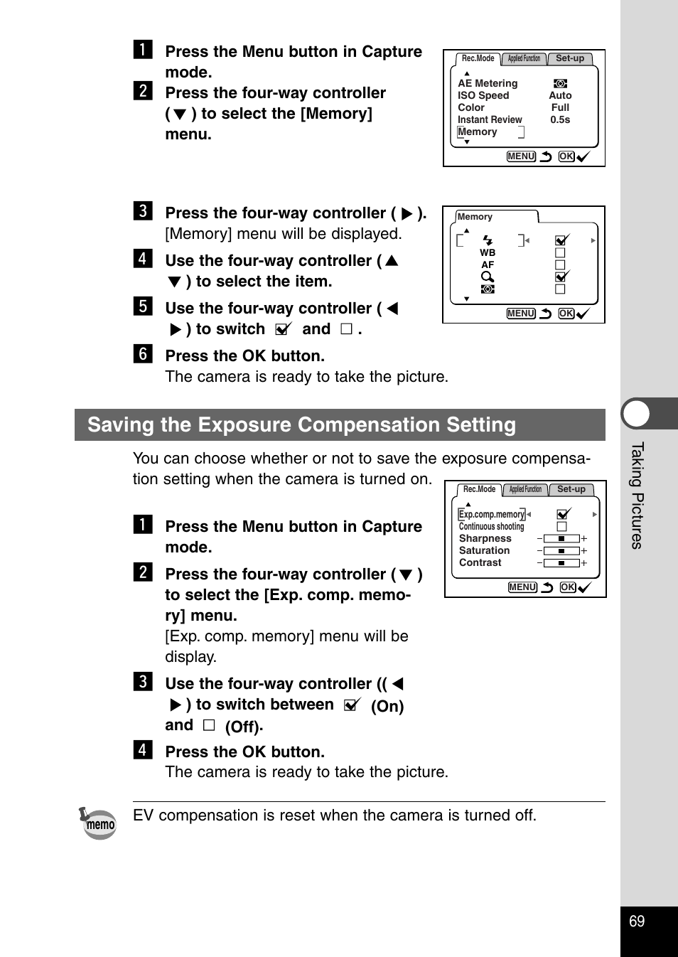 Saving the exposure compensation setting | Pentax Optio 230 User Manual | Page 71 / 124