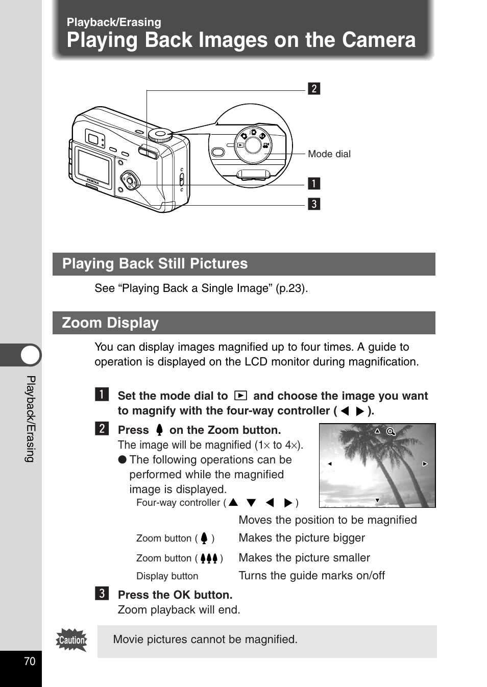 Playback/erasing, Playing back images on the camera, Playing back still pictures | Zoom display | Pentax Optio 230 User Manual | Page 72 / 124