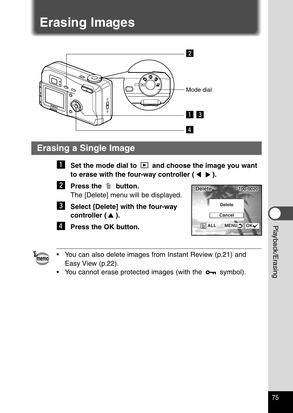 Erasing images, Erasing a single image, Erasing a single image z | Pentax Optio 230 User Manual | Page 77 / 124