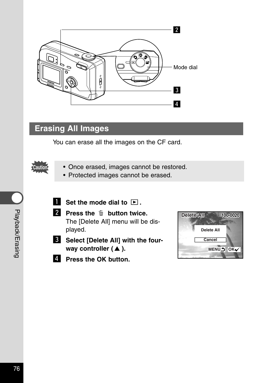 Erasing all images | Pentax Optio 230 User Manual | Page 78 / 124