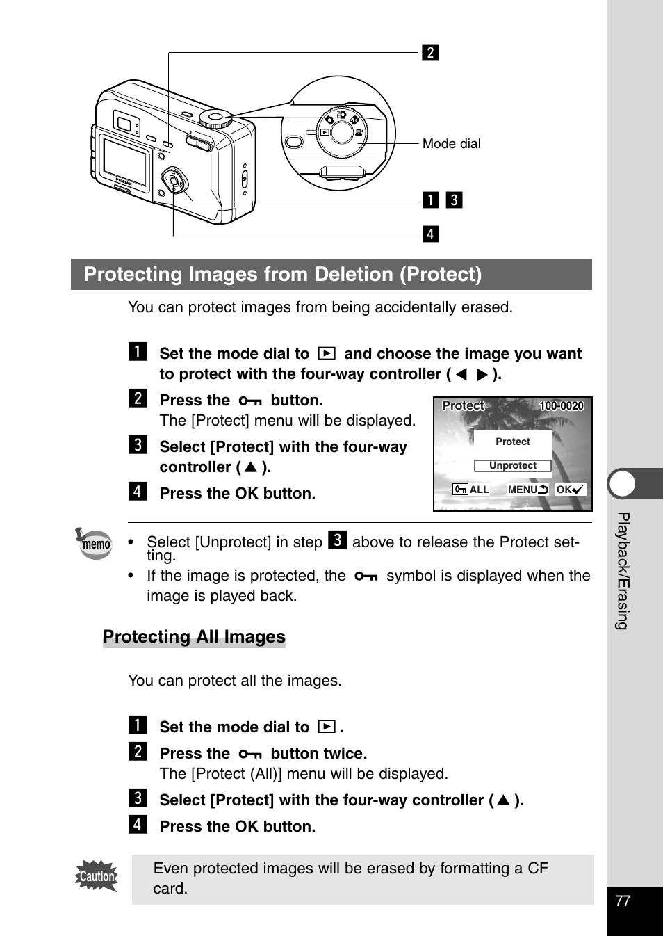 Protecting images from deletion (protect) | Pentax Optio 230 User Manual | Page 79 / 124