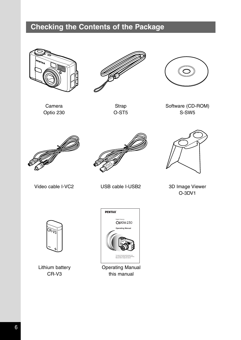Checking the contents of the package | Pentax Optio 230 User Manual | Page 8 / 124
