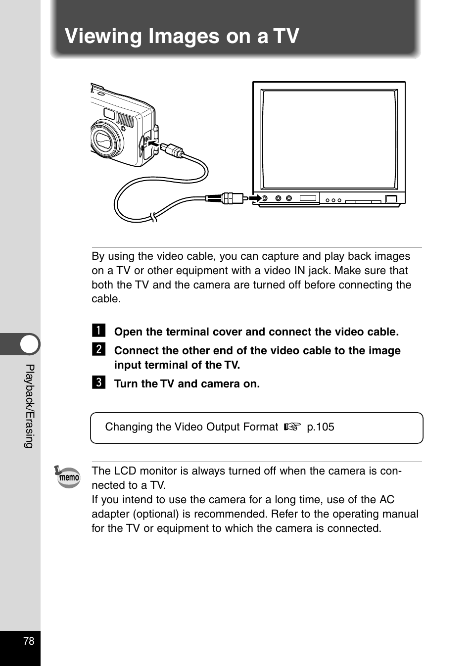 Viewing images on a tv | Pentax Optio 230 User Manual | Page 80 / 124