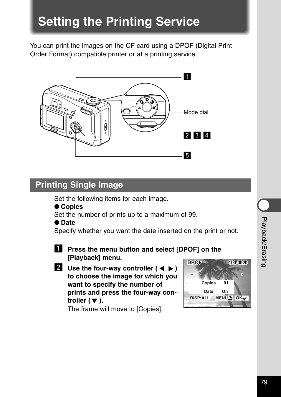 Setting the printing service, Printing single image, Bx c v z | Pentax Optio 230 User Manual | Page 81 / 124