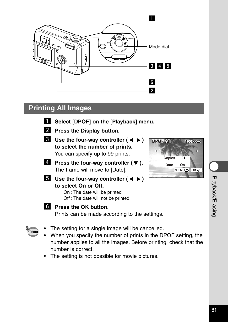 Printing all images, Printing all images z, Nc v b z | Pentax Optio 230 User Manual | Page 83 / 124