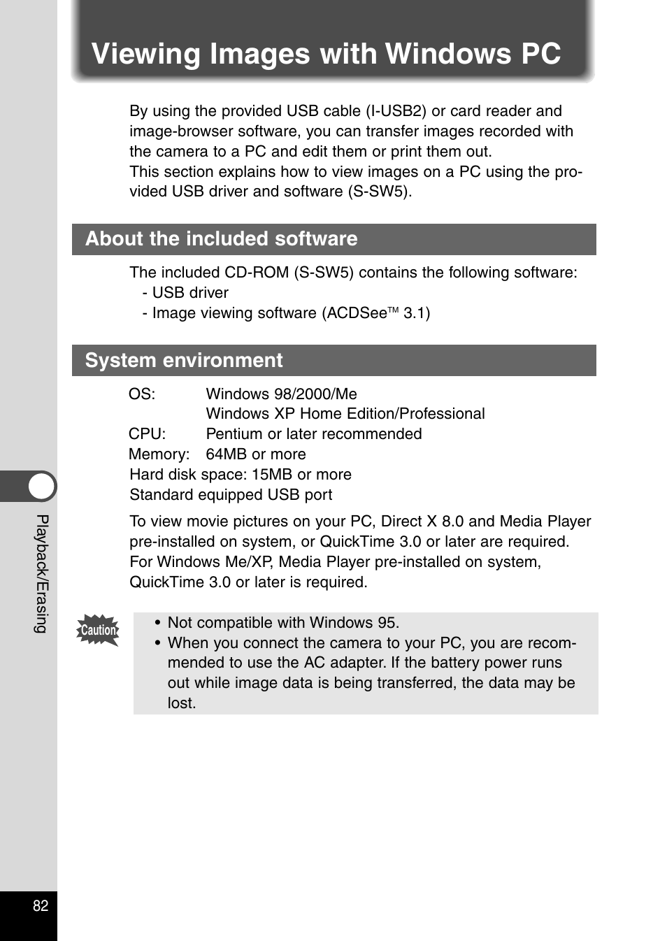 Viewing images with windows pc, About the included software, System environment | Pentax Optio 230 User Manual | Page 84 / 124