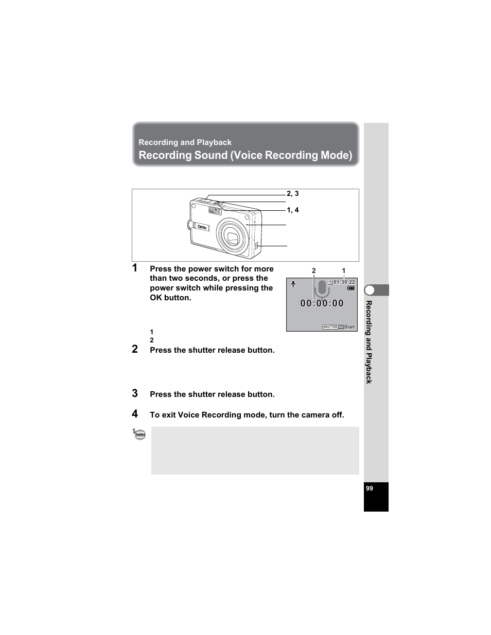 Recording and playback, Recording sound (voice recording mode), P.99 | Pentax Optio S5n User Manual | Page 101 / 171