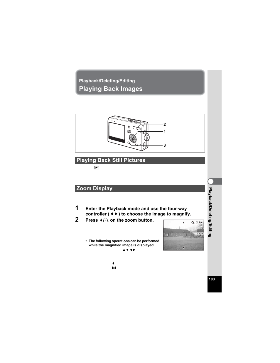 Playback/deleting/editing, Playing back images, Playing back still pictures | Zoom display, P.103, 1p.103), P.103), Playing back still pictures zoom display | Pentax Optio S5n User Manual | Page 105 / 171