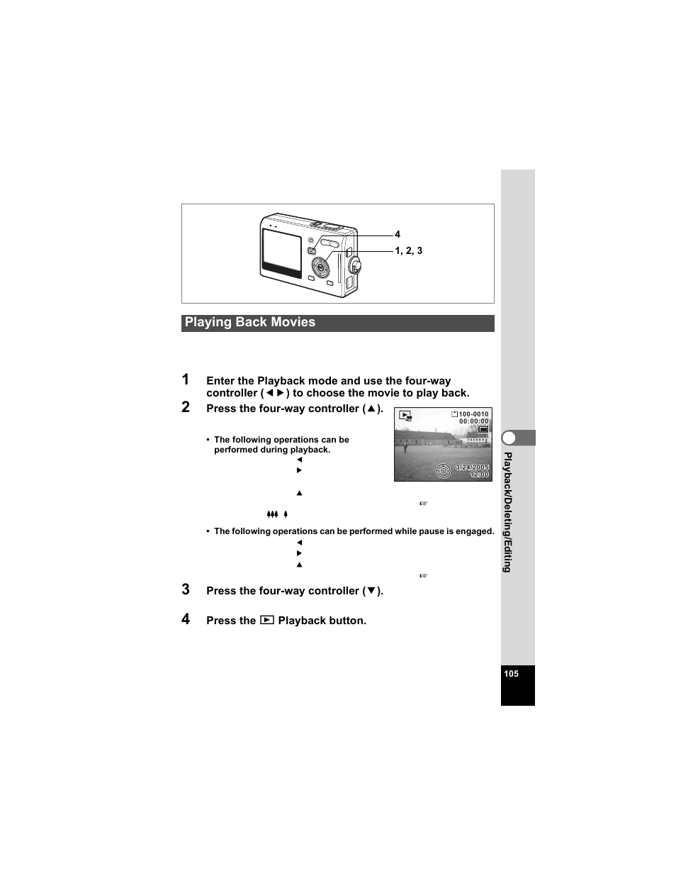 Playing back movies, P.105), P.105 | Pentax Optio S5n User Manual | Page 107 / 171