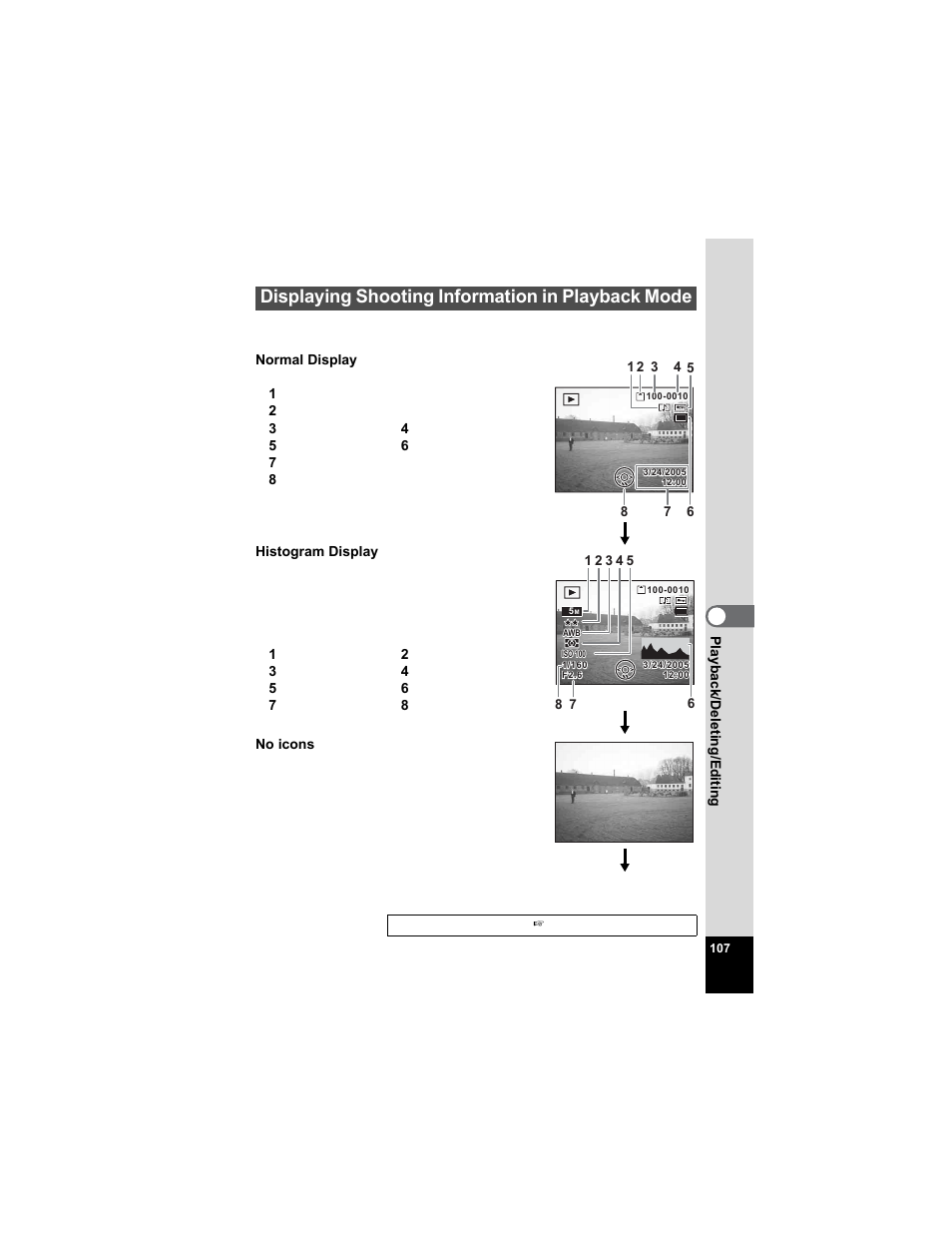Displaying shooting information in playback mode, P.107 | Pentax Optio S5n User Manual | Page 109 / 171