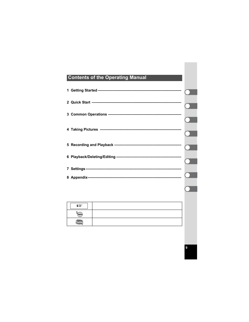 Contents of the operating manual | Pentax Optio S5n User Manual | Page 11 / 171