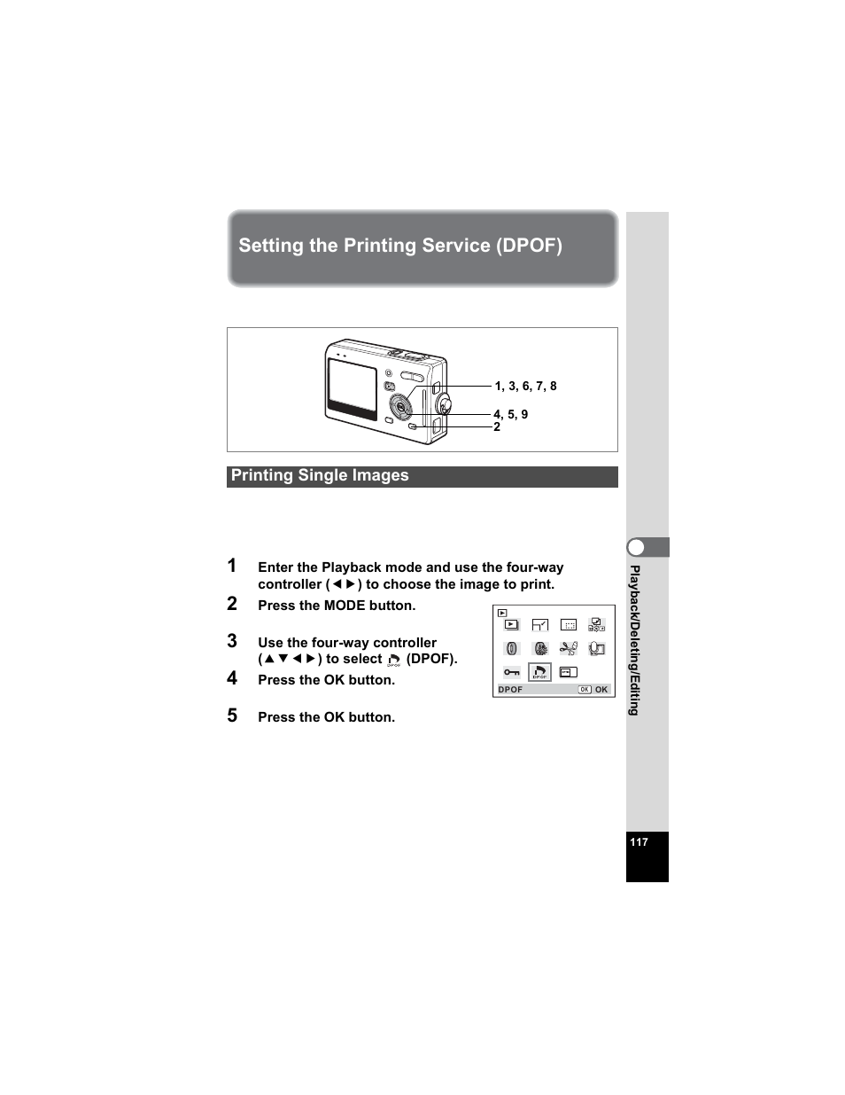Setting the printing service (dpof), Printing single images, P.117 | Pentax Optio S5n User Manual | Page 119 / 171