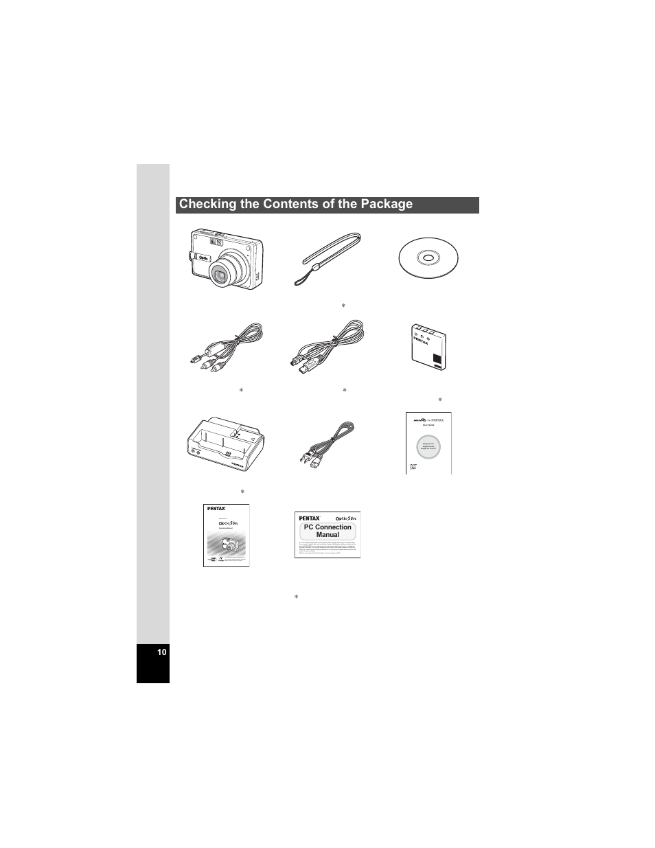 Checking the contents of the package | Pentax Optio S5n User Manual | Page 12 / 171