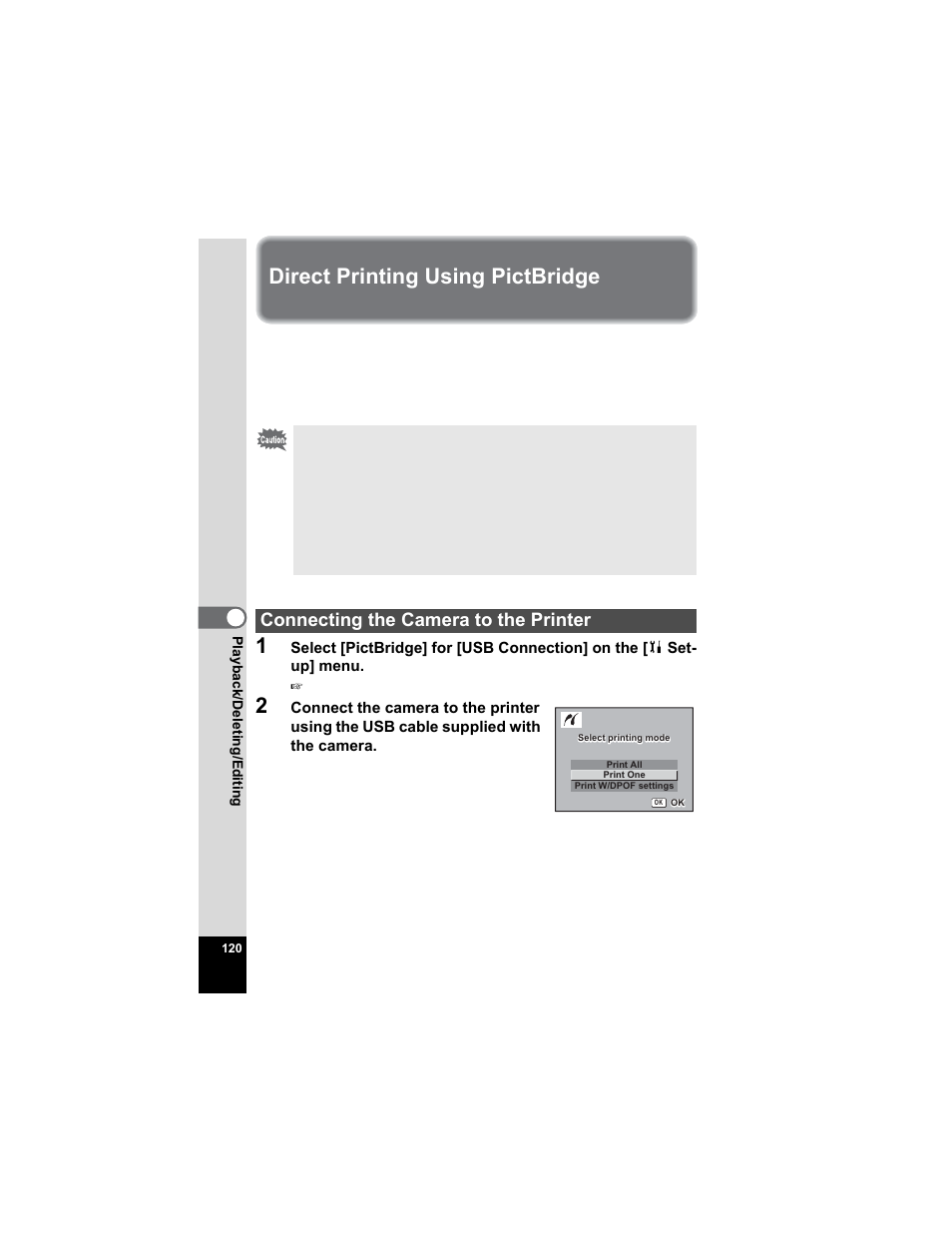 Direct printing using pictbridge, Connecting the camera to the printer | Pentax Optio S5n User Manual | Page 122 / 171