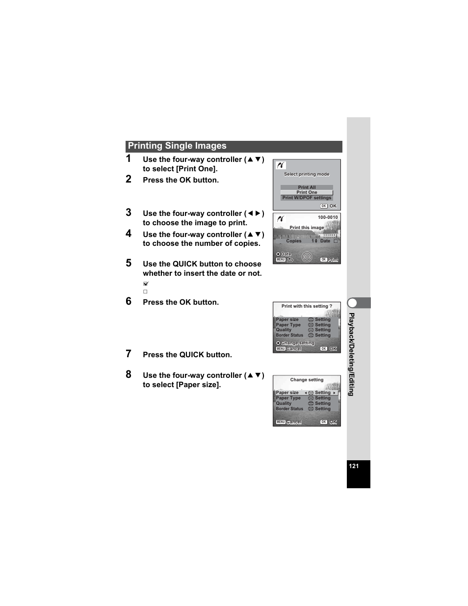 Printing single images, Press the ok button, Press the quick button | Pentax Optio S5n User Manual | Page 123 / 171
