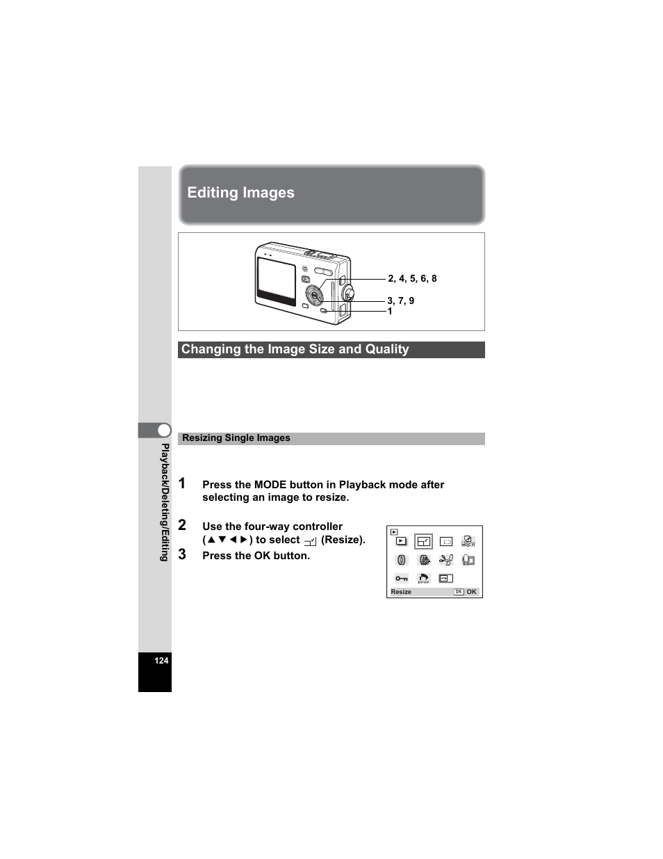 Editing images, Changing the image size and quality, P.124 | Pentax Optio S5n User Manual | Page 126 / 171