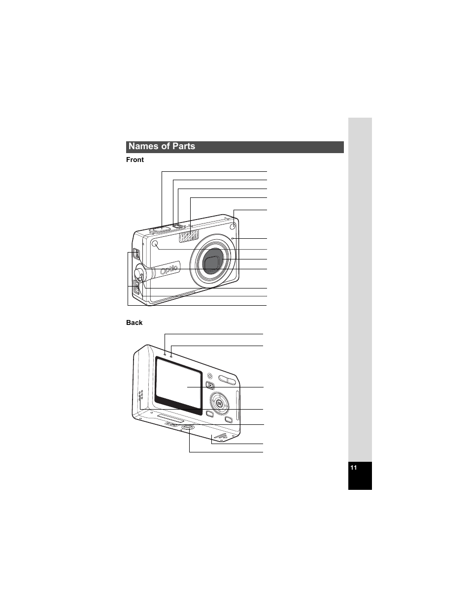 Names of parts | Pentax Optio S5n User Manual | Page 13 / 171
