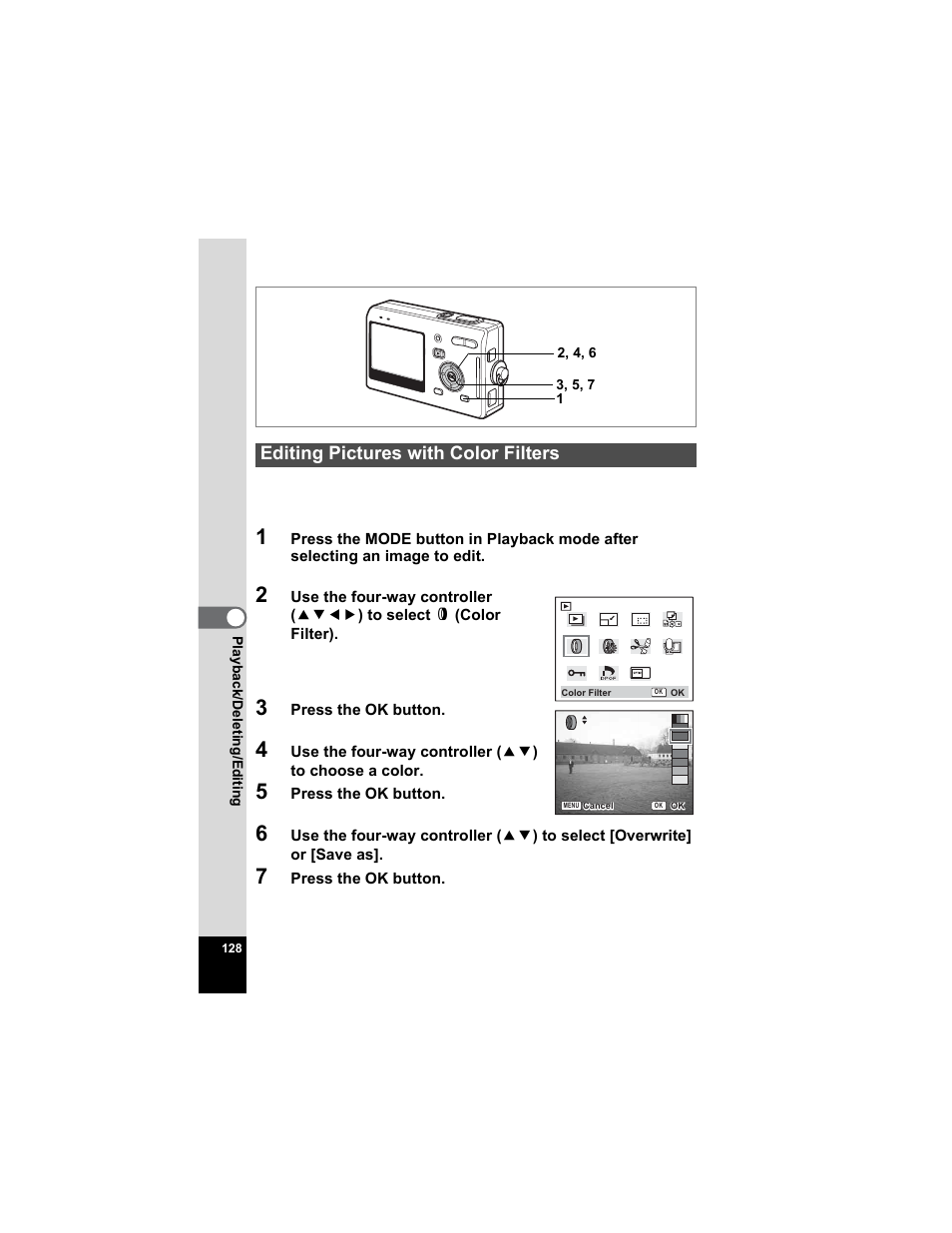 Editing pictures with color filters, P.128 | Pentax Optio S5n User Manual | Page 130 / 171