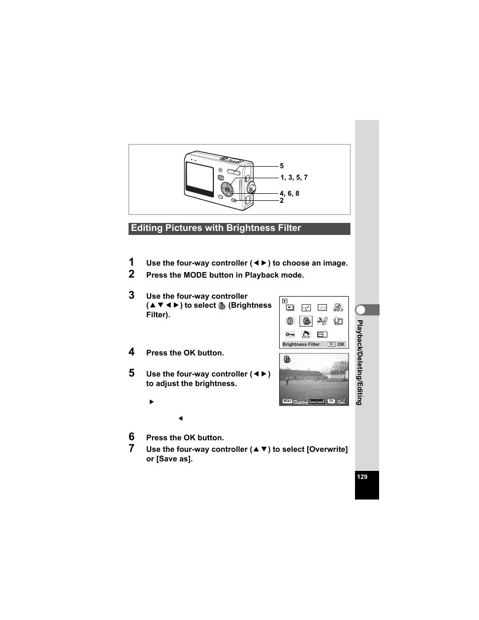 Editing pictures with brightness filter, P.129 | Pentax Optio S5n User Manual | Page 131 / 171