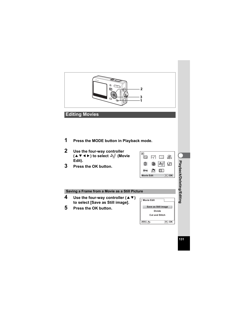 Editing movies, P.131 | Pentax Optio S5n User Manual | Page 133 / 171