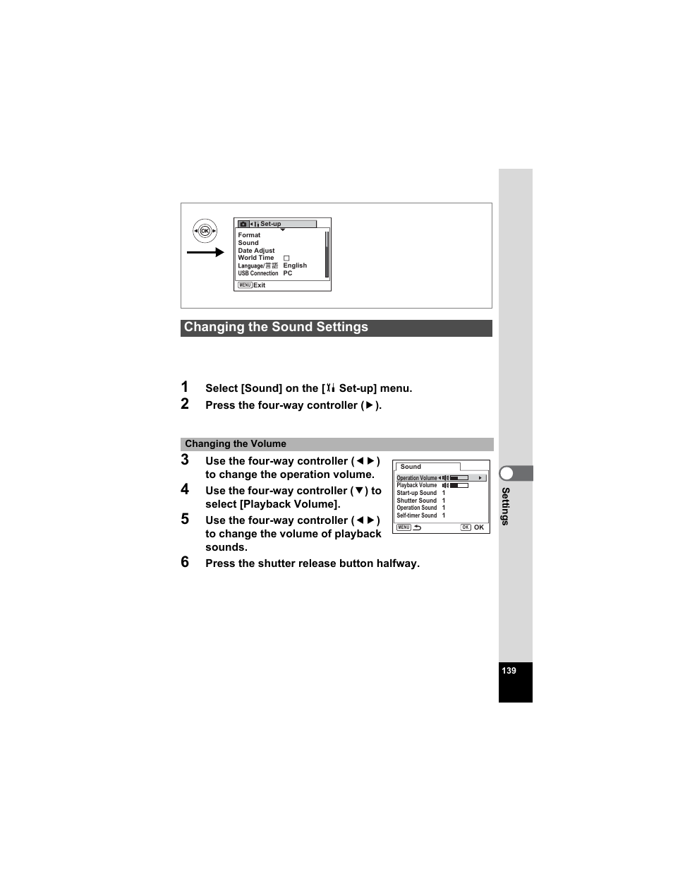 Changing the sound settings, P.139 | Pentax Optio S5n User Manual | Page 141 / 171