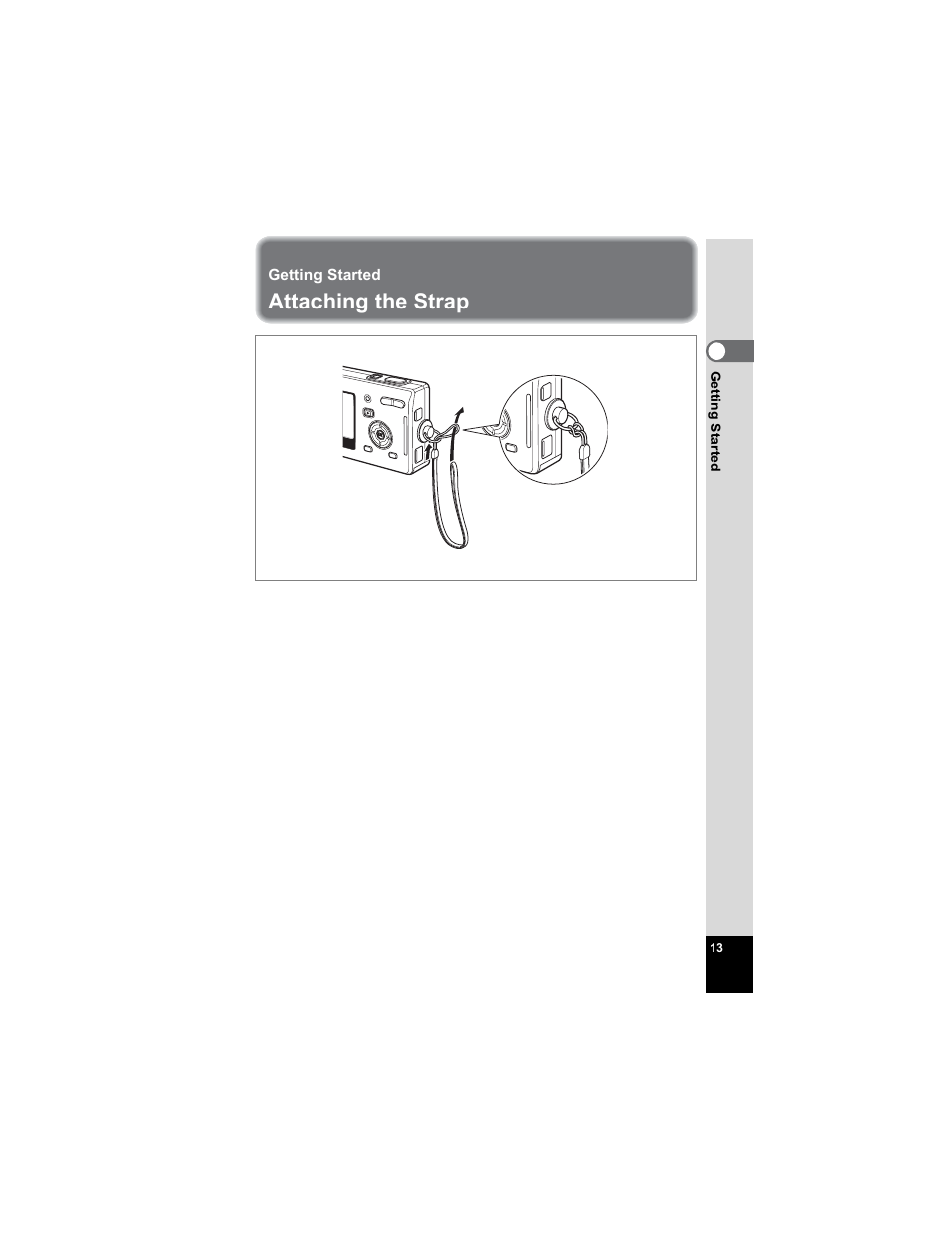 Getting started, Attaching the strap | Pentax Optio S5n User Manual | Page 15 / 171