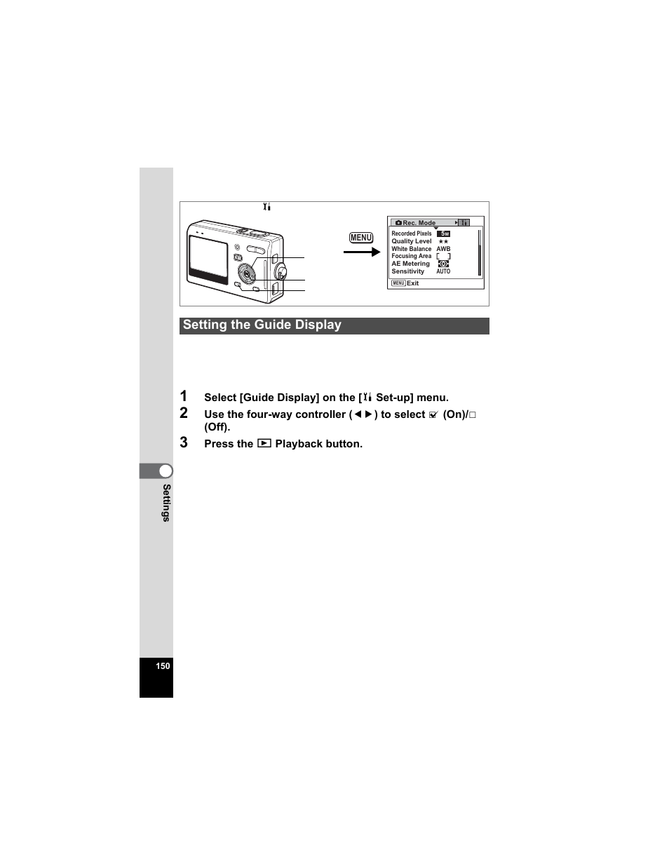 Setting the guide display, P.150 | Pentax Optio S5n User Manual | Page 152 / 171